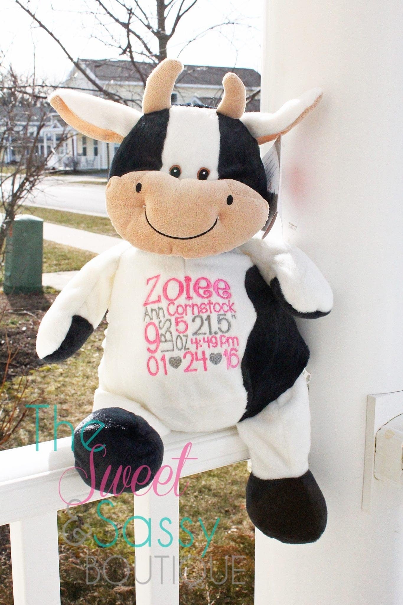 Custom Cow birth stat stuffed animal