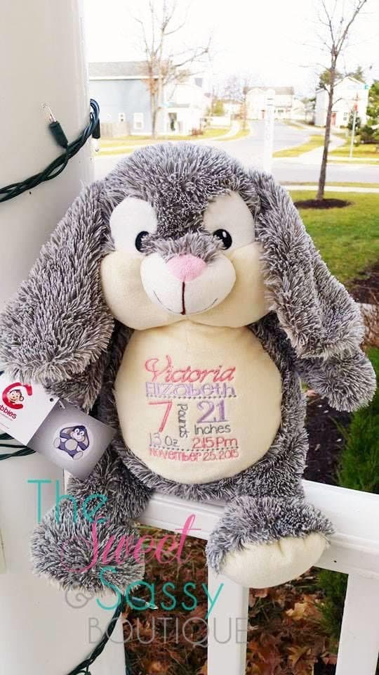 Bunny embroidered birth stat stuffy