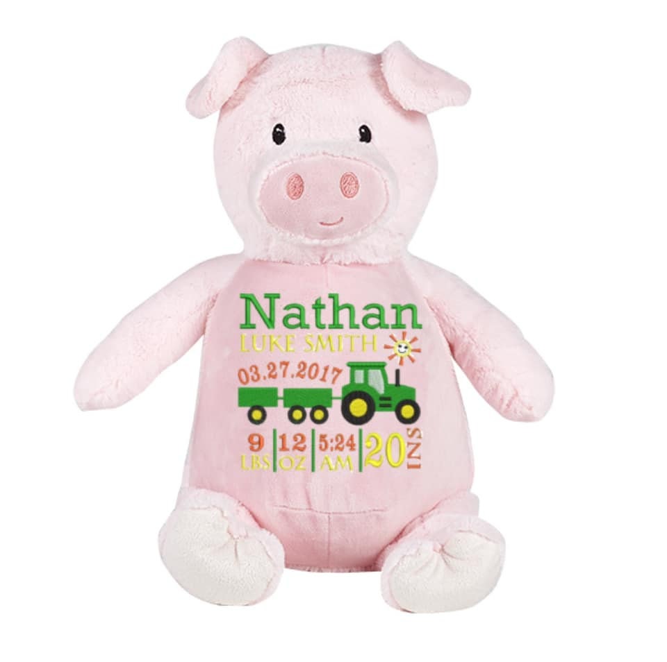 Pig birth info stuffy, add your own embroidered info