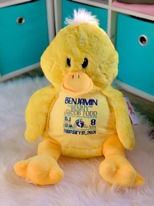 Duck  embroidered birth stat stuffy